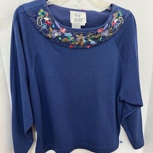 80,s Vintage Blue Sequin Shirt, 3/4 sleeve Size‎ Small